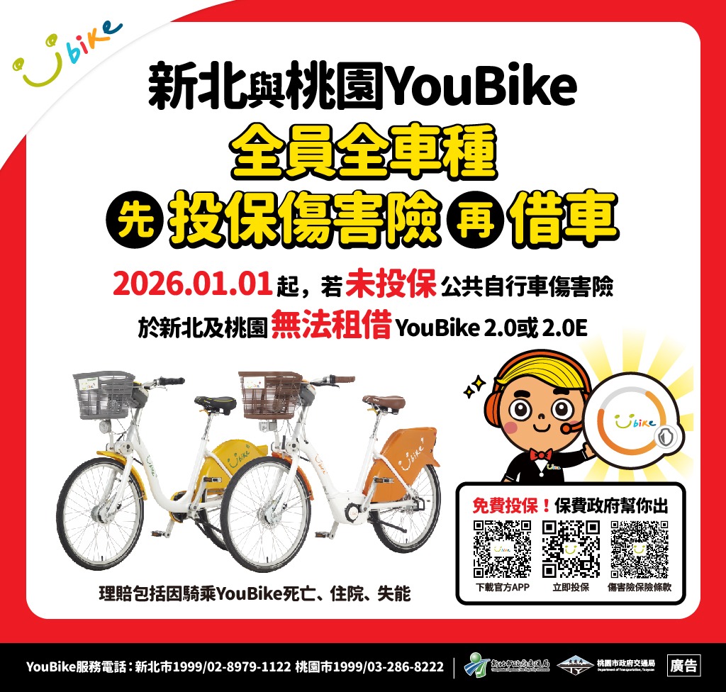 YouBike強制投保新制！桃園、新北單車族必看：115年起騎YouBike沒保險不能借！ @桃園起風了